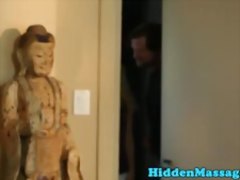 Shy babe drenched with cum on massage table