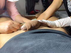 2 Hand waxing of a big cock Part 2